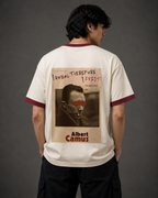 007: Seeking | Albert Camus | Off White & Maroon Ringer Tee
