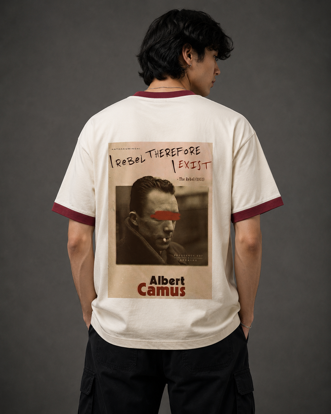 Frequency: 007 Seeking (Off White & Maroon Ringer tee)