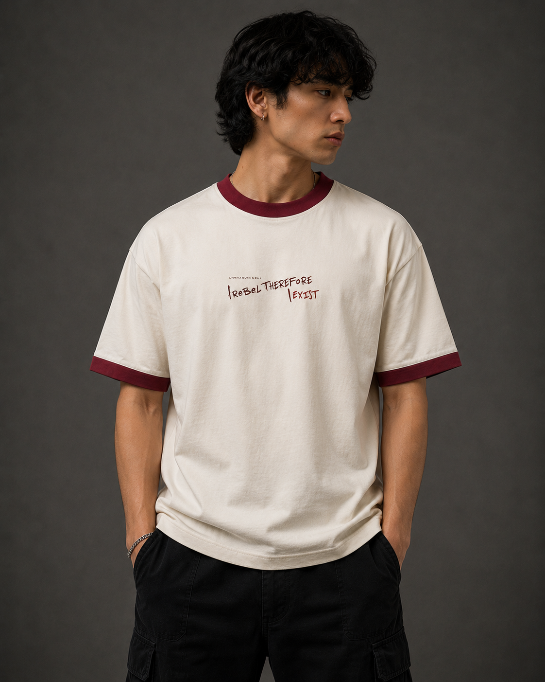 Frequency: 007 Seeking (Off White & Maroon Ringer tee)