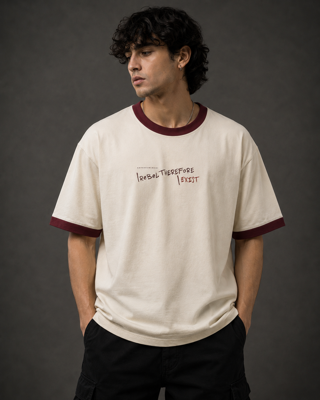 Frequency: 007 Seeking (Off White & Maroon Ringer tee)
