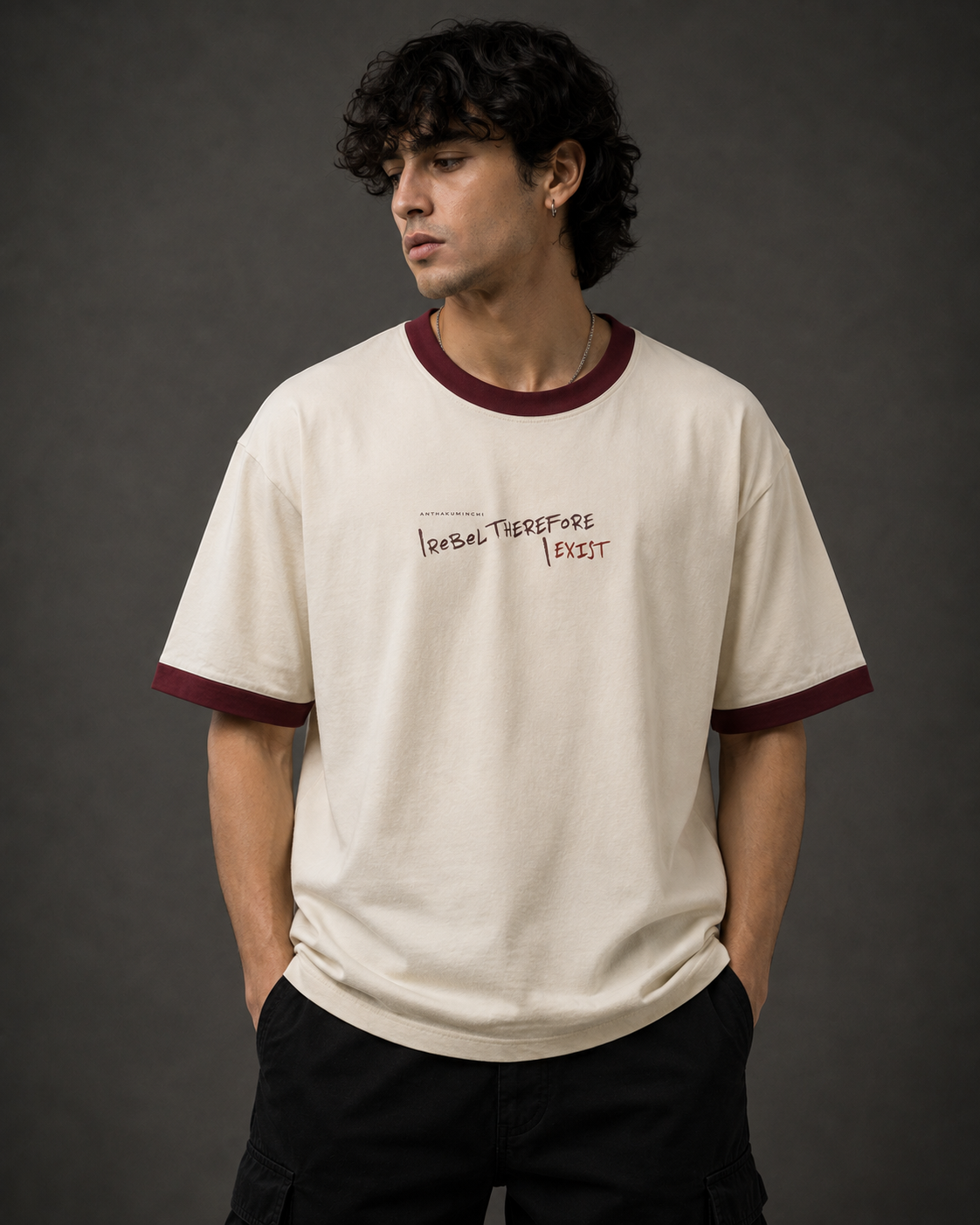 Frequency: 007 Seeking (Off White & Maroon Ringer tee)