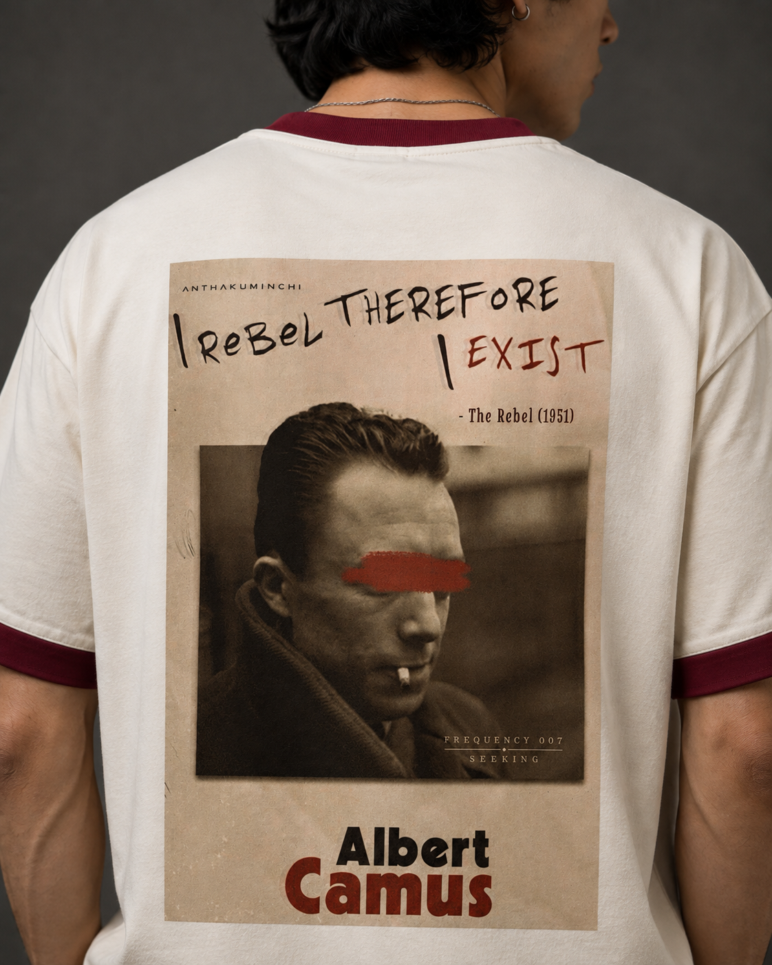 Frequency: 007 Seeking (Off White & Maroon Ringer tee)