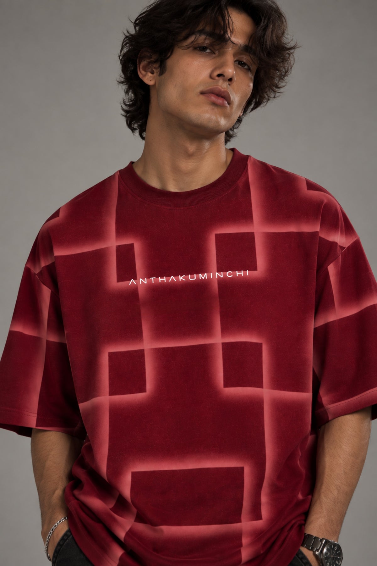 Anthakuminchi Special Acid Wash Oversized Tee (Red Block Fade)