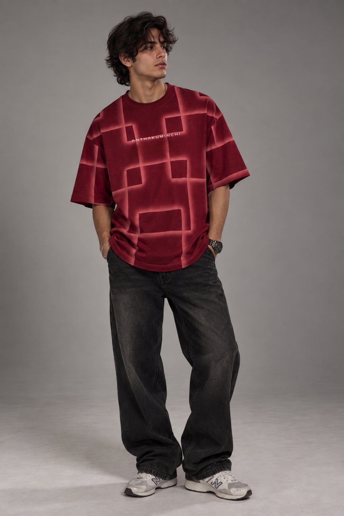 Anthakuminchi Special Acid Wash Oversized Tee (Red Block Fade)