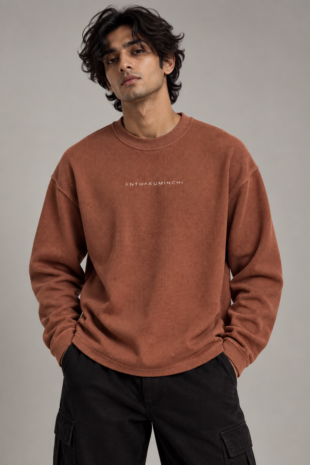 Anthakuminchi Brown Waffle Knit oversized Full-Sleeve