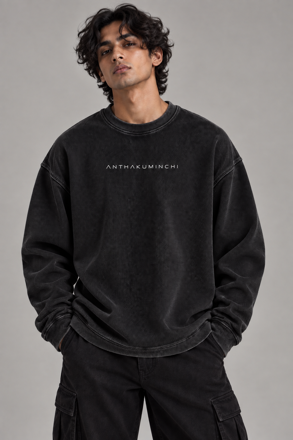 Anthakuminchi Black Waffle Knit Full Sleeve