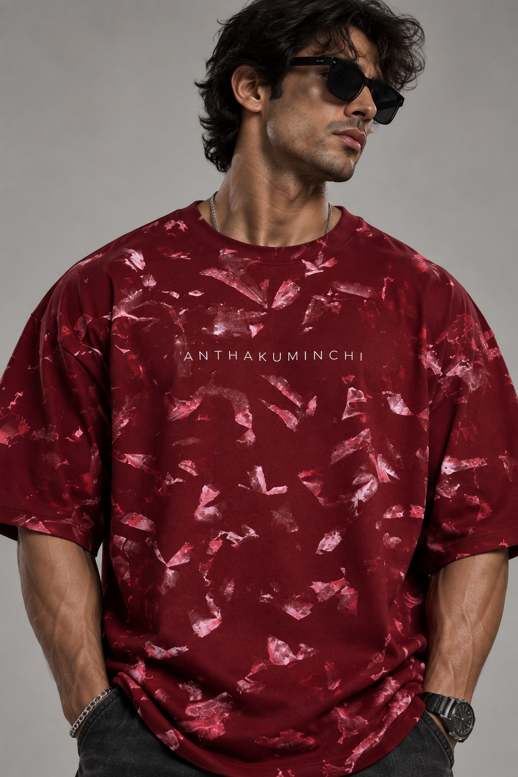 Anthakuminchi French Terry Oversized Tee (Maroon Splatter Wash)