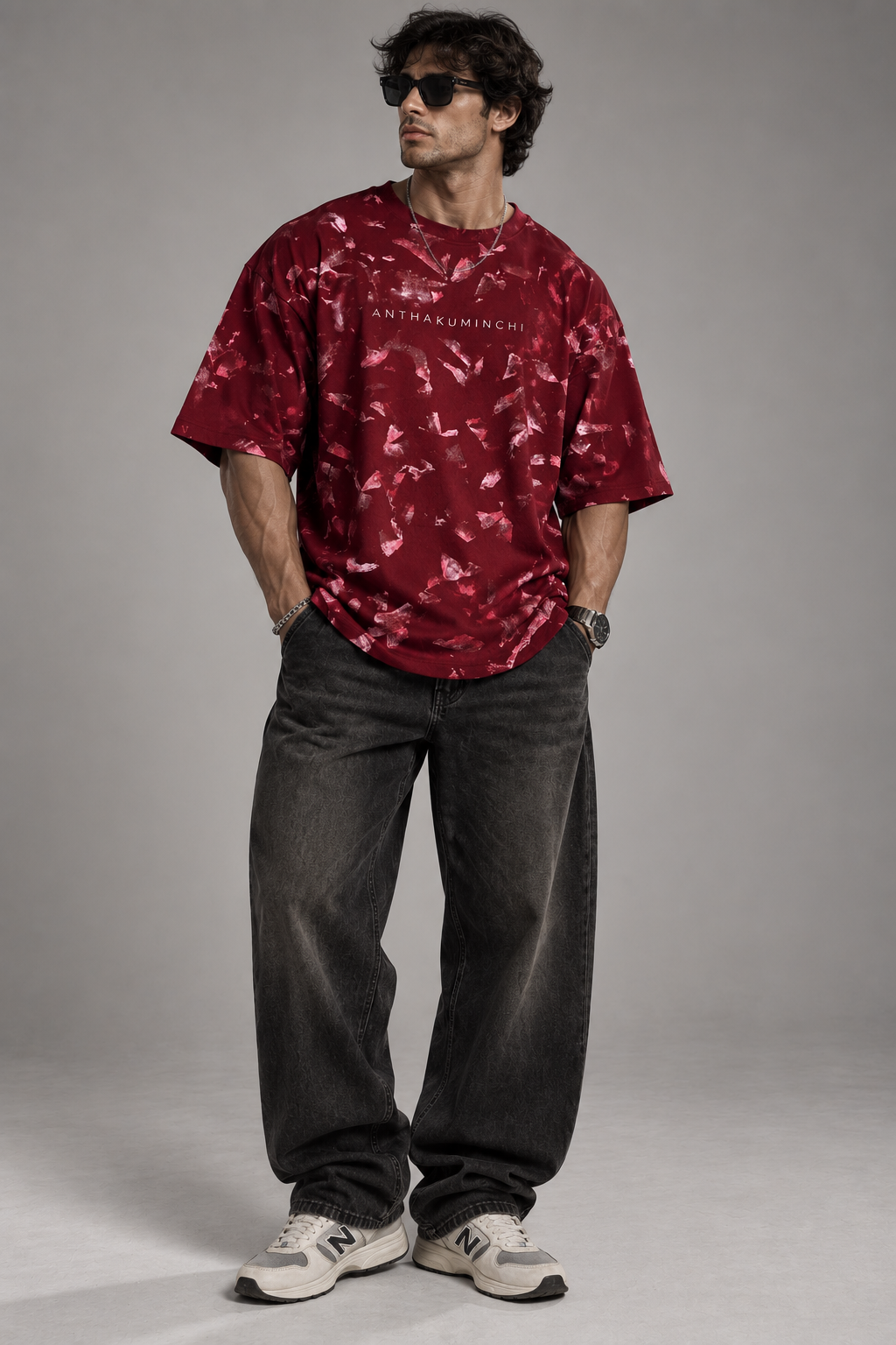 Anthakuminchi French Terry Oversized Tee (Maroon Splatter Wash)