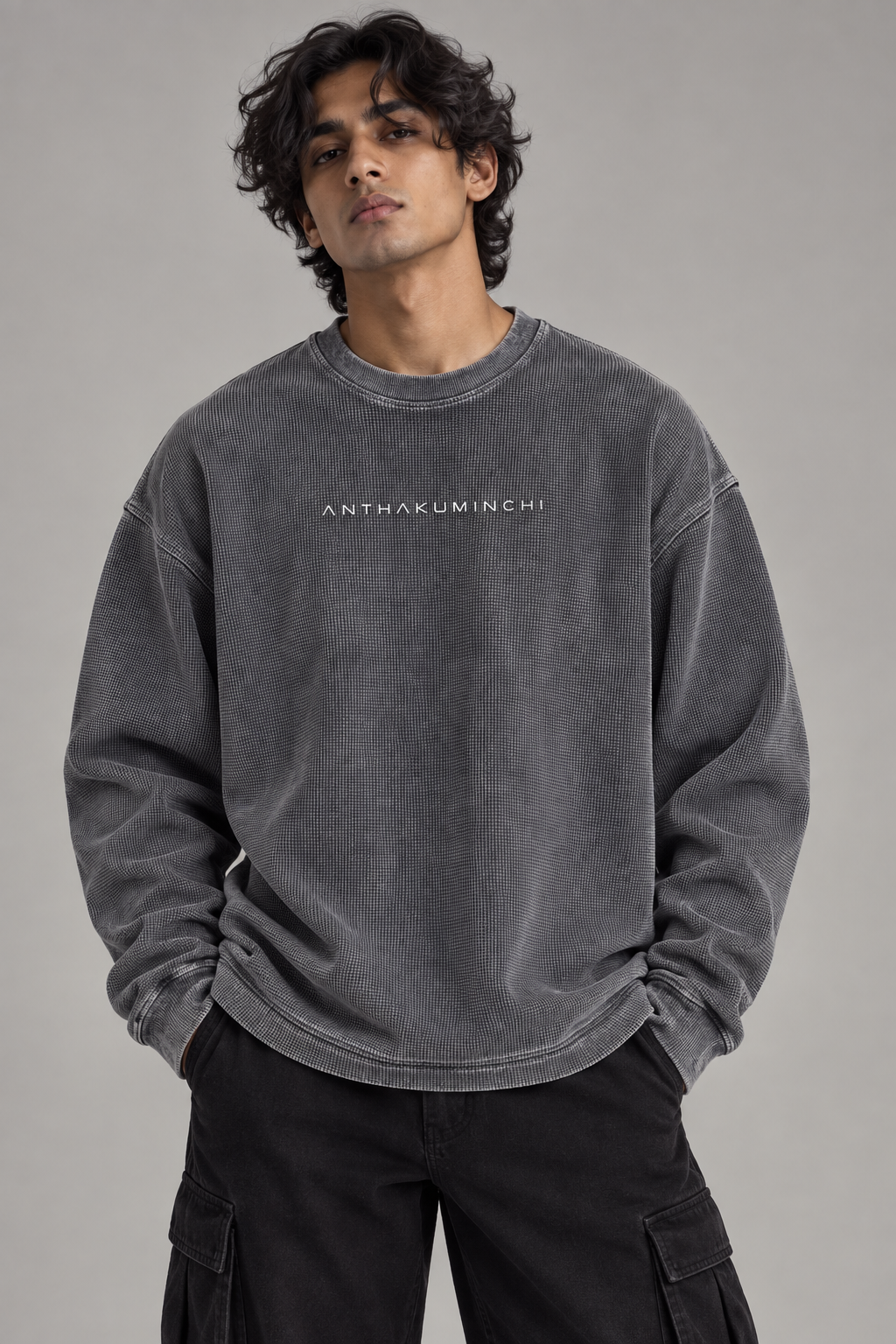 Anthakuminchi Acidwash Waffle Knit Oversized full-sleeve Tee
