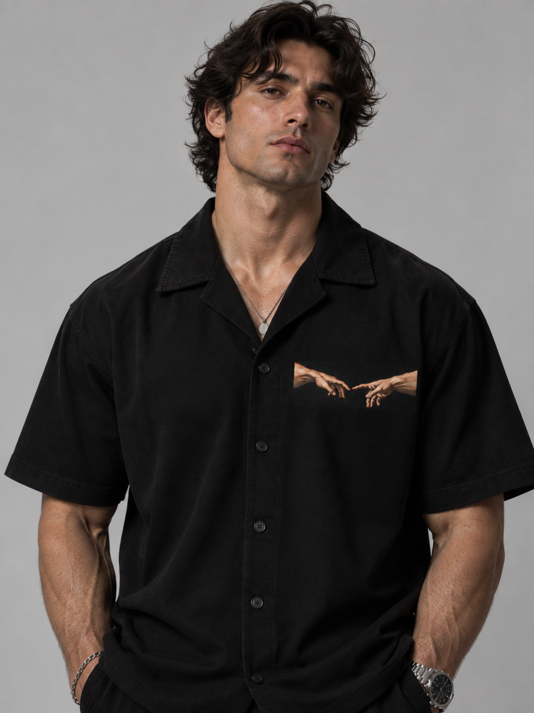 Michelangelo's Creation of Adam Boxy Fit Shirt (Black)