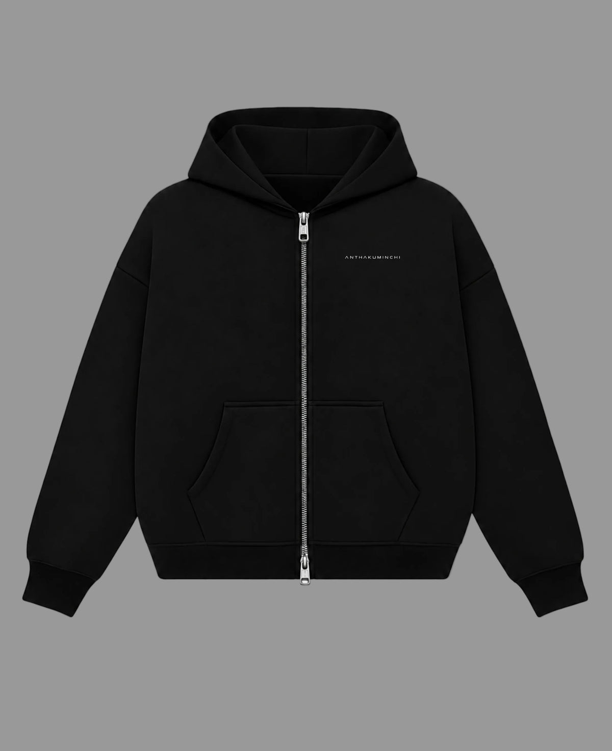 Black Boxy Dual Zipper Hoodie Front Design