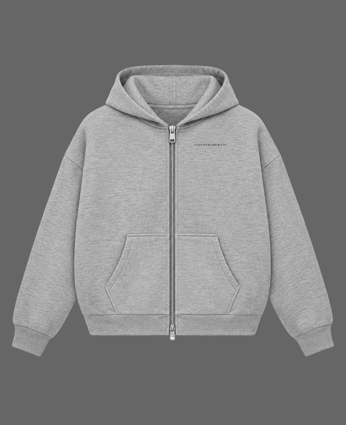 Grey Boxy Dual Zipper Hoodie Front Design