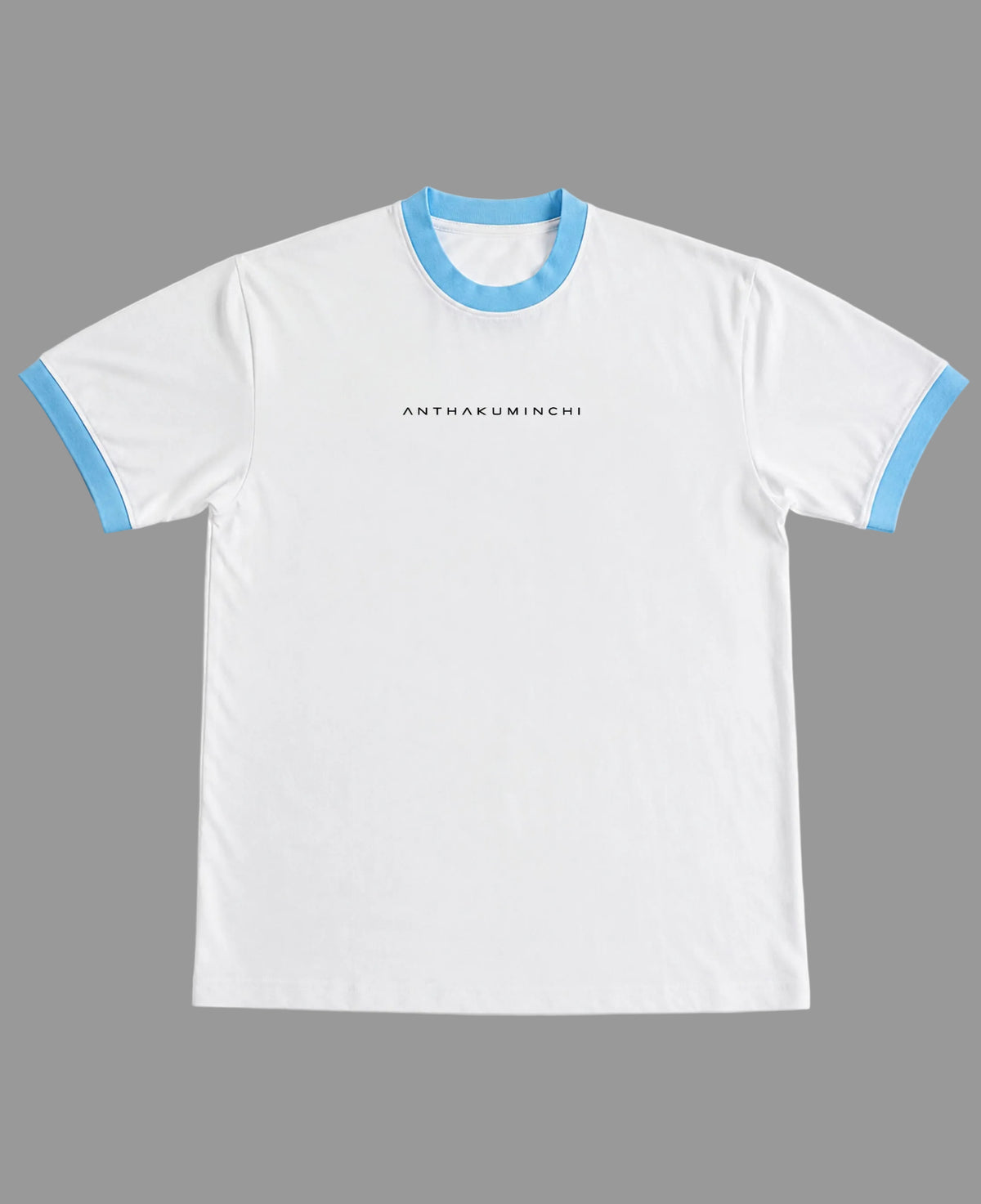 White & Sky Blue Ringer tee Front Design